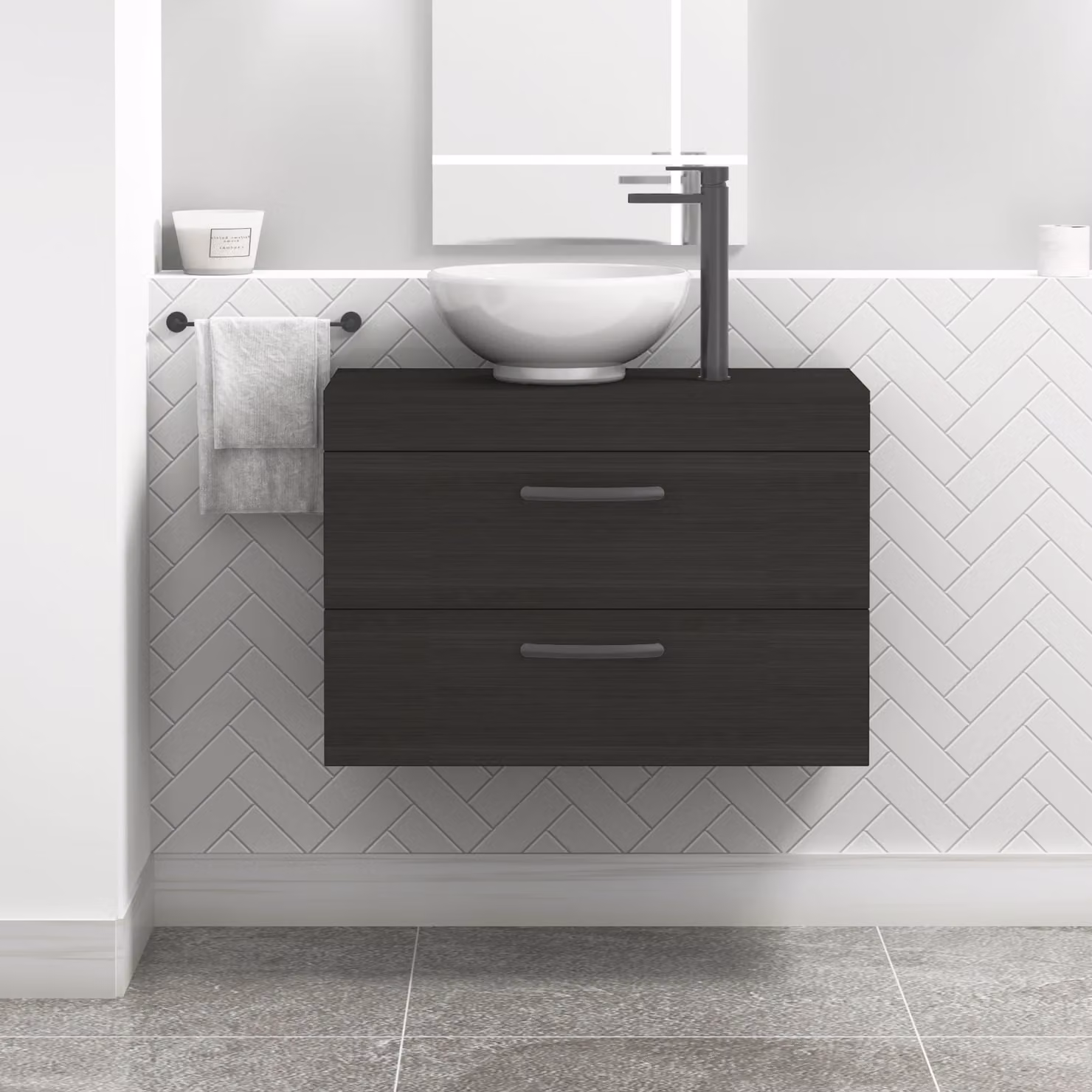 Royal Bathrooms 800mm Wall Hung 2 Drawer Vanity Unit in Hale Black with Breeze Countertop Basin and Matt Black Handles
