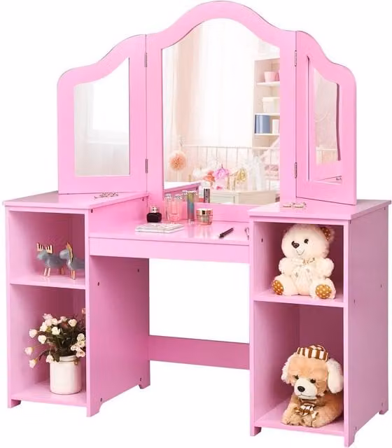 Gymax Kids Makeup Vanity Table with Tri-Folding Mirror and Open Shelves in Pink
