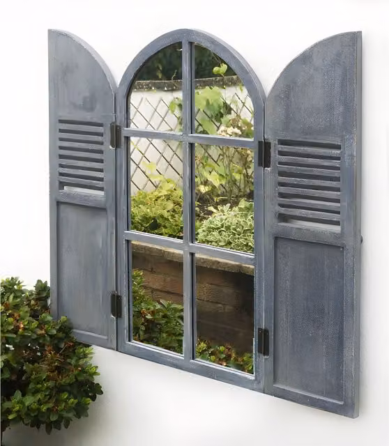 Primrose Vintage Window Arch Design Glass Wall Mirror with Hinged Wooden Shutters in Silver and Grey