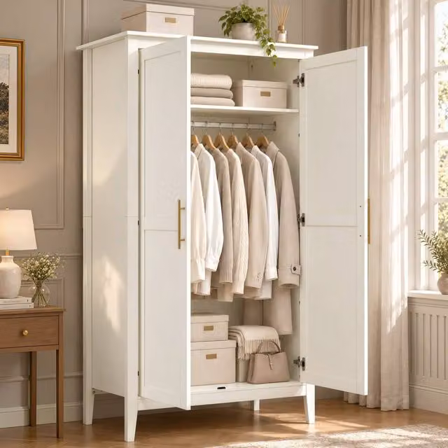 Merax 2 Door Double Freestanding Wardrobe with Hanging Rail and Open Shelf in Cream – 1