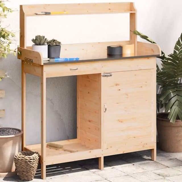 Berkfield Home Potting Table with Cabinet in Brown Solid Fir Wood, W/D/H: 110.5 x 45 x 124.5 cm – 1