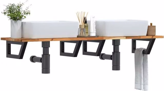 Berkfield Home Wall Mounted Basin Shelf in Brown Acacia Wood and Steel