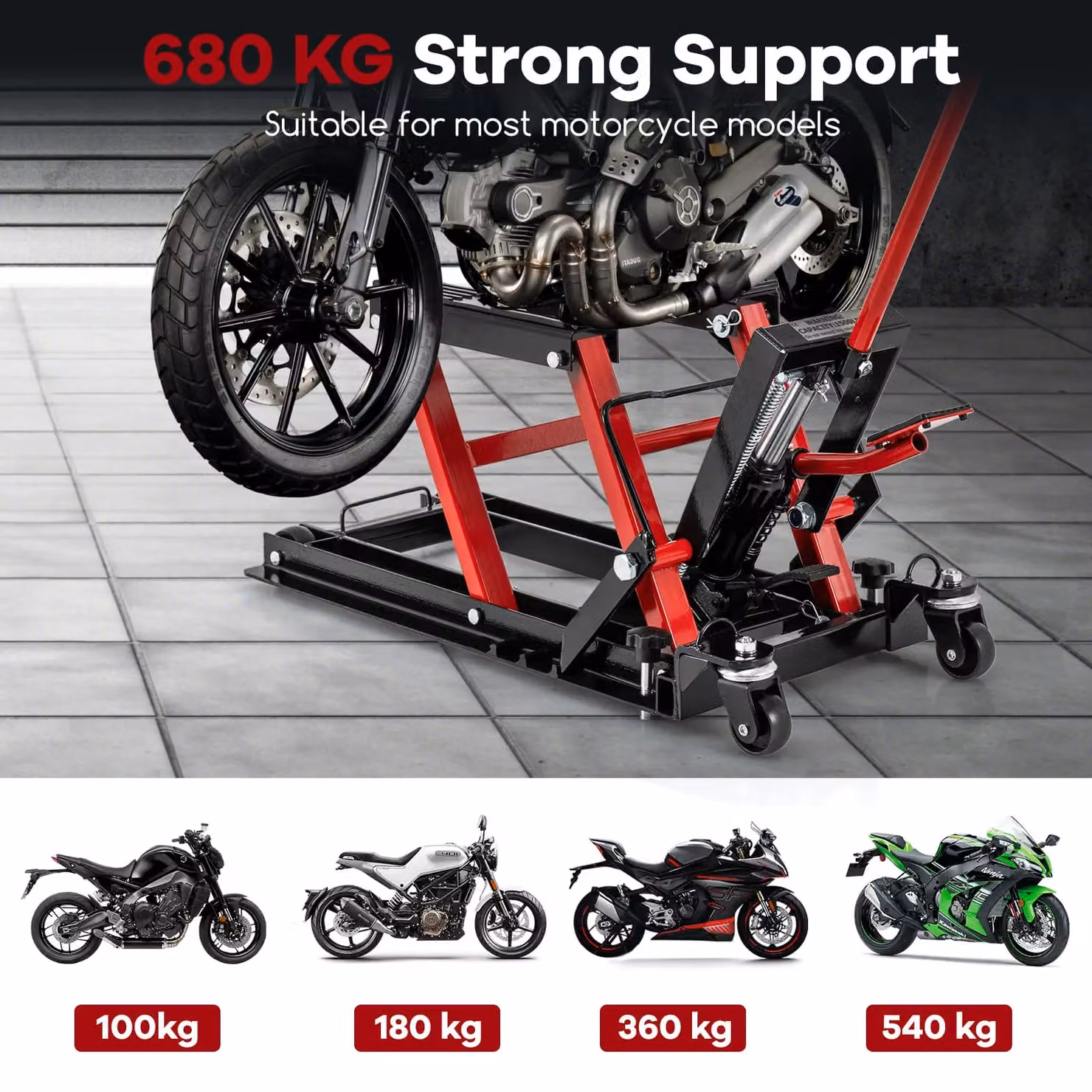 Gymax Red Hydraulic Motorcycle Lift Jack with 4 Wheels, 680kg Capacity – 3