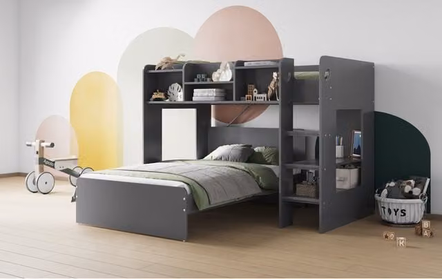 Flair Furnishing Wizard L Shaped Triple Bunk Bed in Grey, W/D/H: 145.5 x 190 x 113.4 cm