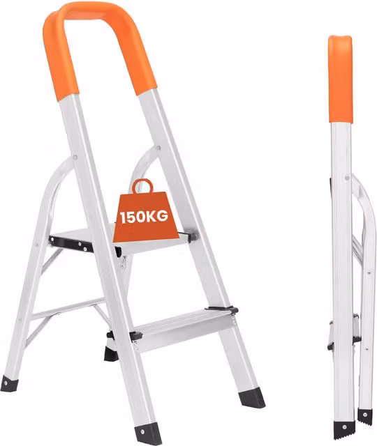 Novecrafto 2-Step Aluminium Foldable Step Ladder with Safety Handrail in Silver and Orange, Height: 88 cm – 1