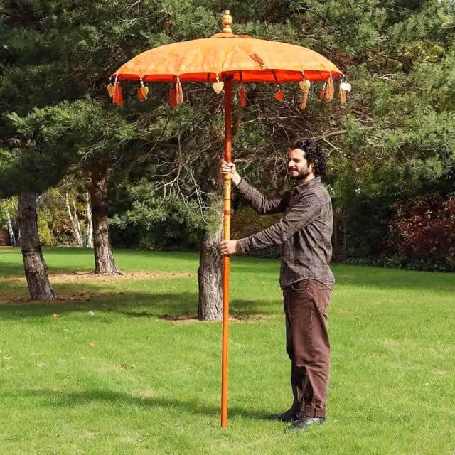 KDMK Bali Patio Parasol in Orange and Gold Cotton with Aluminium Frame, Diameter: 150 cm