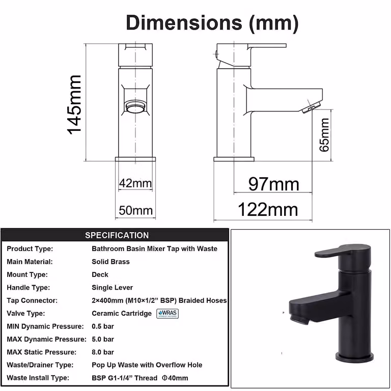 BATHWEST Matt Black Brass Basin Mixer Tap