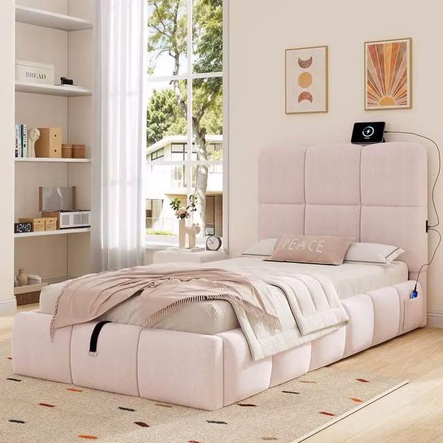 Merax Pink Velvet Single Ottoman Bed with Tufted Headboard and USB Charging Port, W/D/H: 90 x 190 x 99 cm
