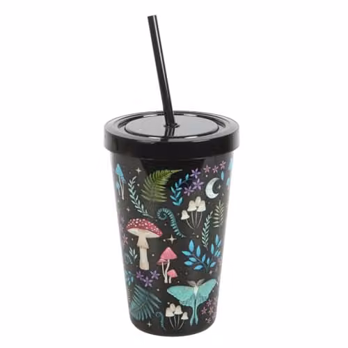 KDMD Dark Forest Print Plastic Tumbler with Straw, Black, 500ml – 1