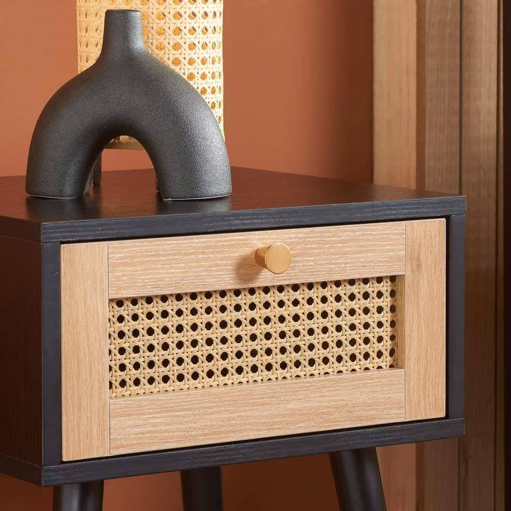 Birlea Croxley Pair of Rattan 1 Drawer Bedside Cabinets in Black and Gold – 3