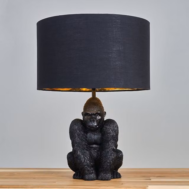 ValueLights Sitting Gorilla Table Lamp in Black and Gold/Brass with Fabric Cylinder Shade, Height: 48 cm