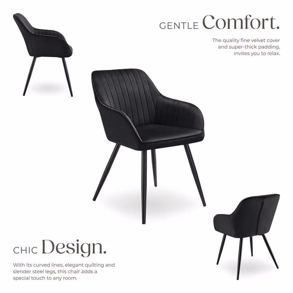 tectake Marilyn Dining Chair Set of 2 in Black Velvet with Armrests – 3