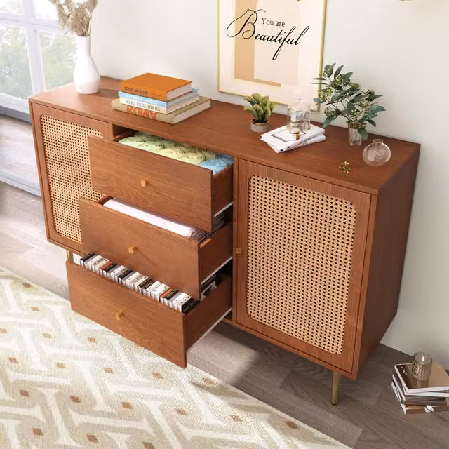 Aosom UK Vintage Rattan Sideboard Cabinet with 6 Drawers, Walnut and Gold, W/D/H: 120 x 40 x 90 cm