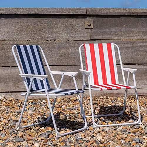 Harbour Housewares Folding Metal Beach Deck Chairs in Blue and Red Stripe, Pack of 2 – 1