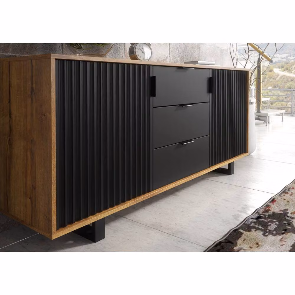 Creative Furniture Blackridge Sideboard in Dark Oak and Black with Fluted Doors and Drawer, W: 140 cm, H: 75 cm, D: 35 cm – 3