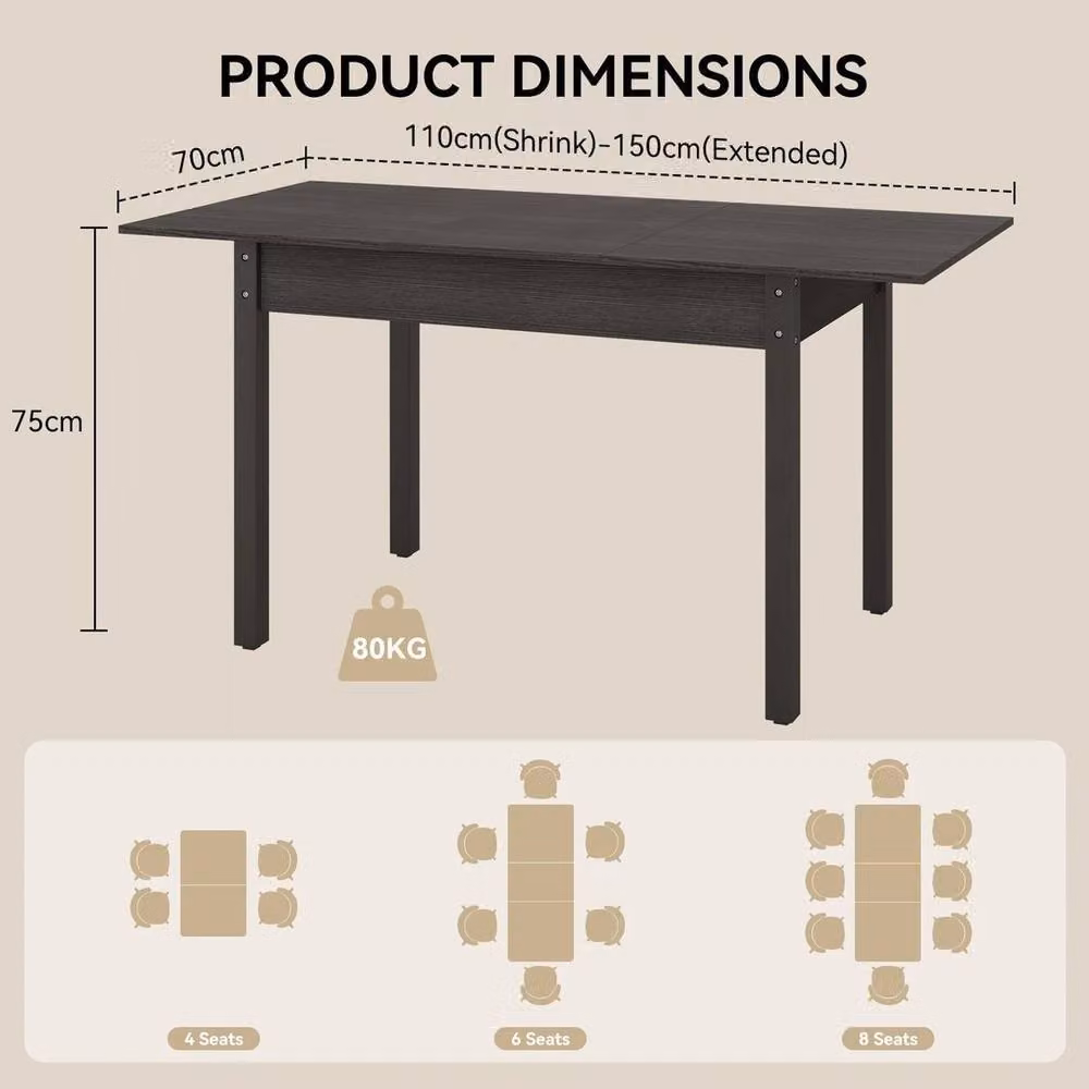 Kelvenix Modern Extendable Rectangular Dining Table in Matt Black Wood, W/D/H: 110 x 70 x 75 cm (Extends to 150 cm) – 2
