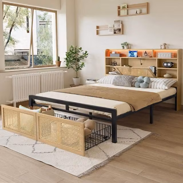 Rolipo Double Wooden Bed with LED Light, USB Charging Port and Storage Drawers in Natural Sand, W/D/H: 140 x 200 x 104.5 cm – 1