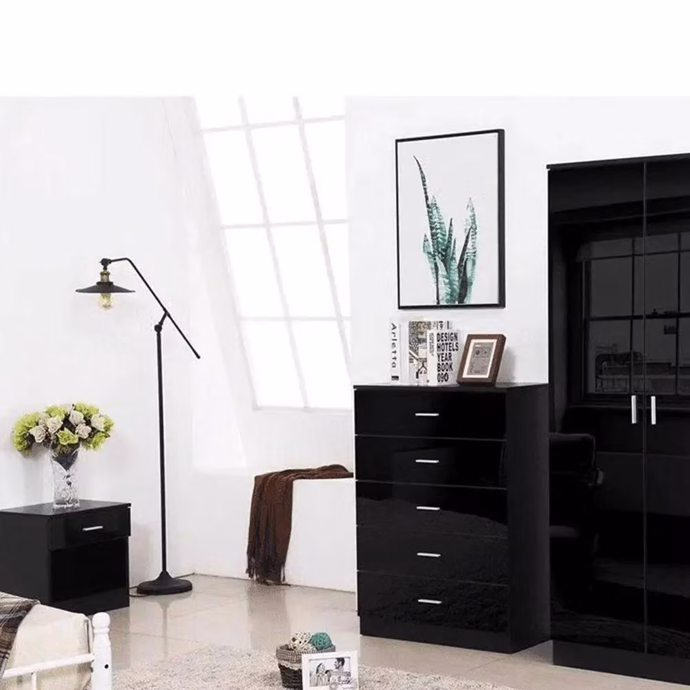 FORGEVIO Black Gloss 5 Drawer Tall Chest of Drawers with Matt Metal Handles – 3