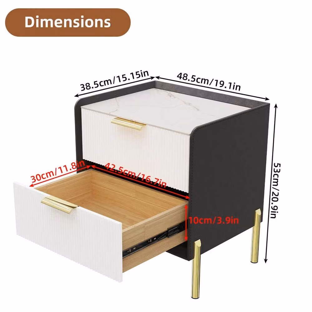 ERGOVEXA 2 Drawer Bedside Table with White Marble Top and Gold Accents – 2