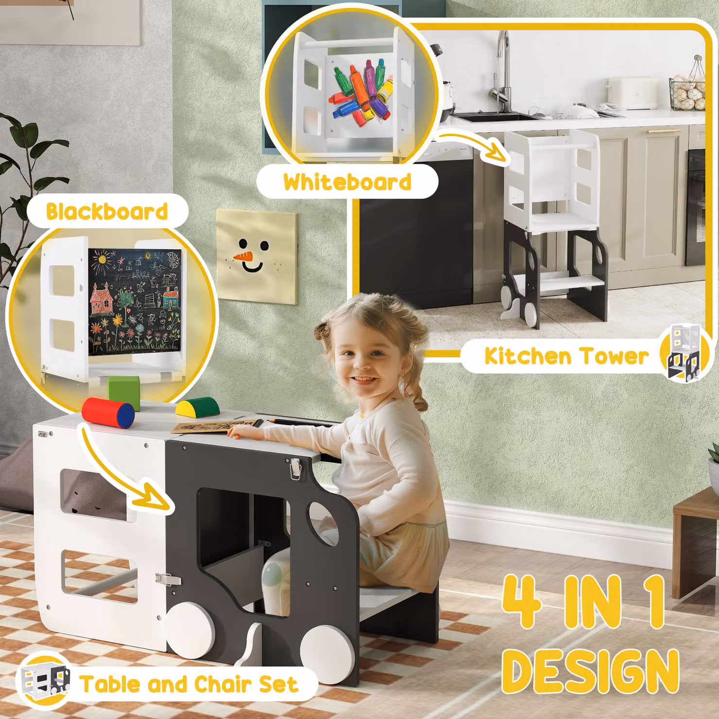 AIYAPLAY 4 in 1 Foldable Toddler Step Stool and Standing Tower with Safety Rail in Grey – 4
