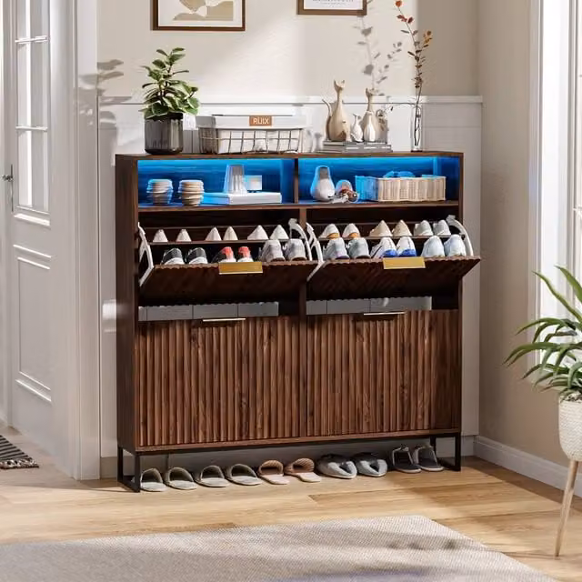 EONLION Mid-Century Modern Walnut Shoe Cabinet with 4 Tilting Compartments and Integrated Lighting, Width: 100 cm