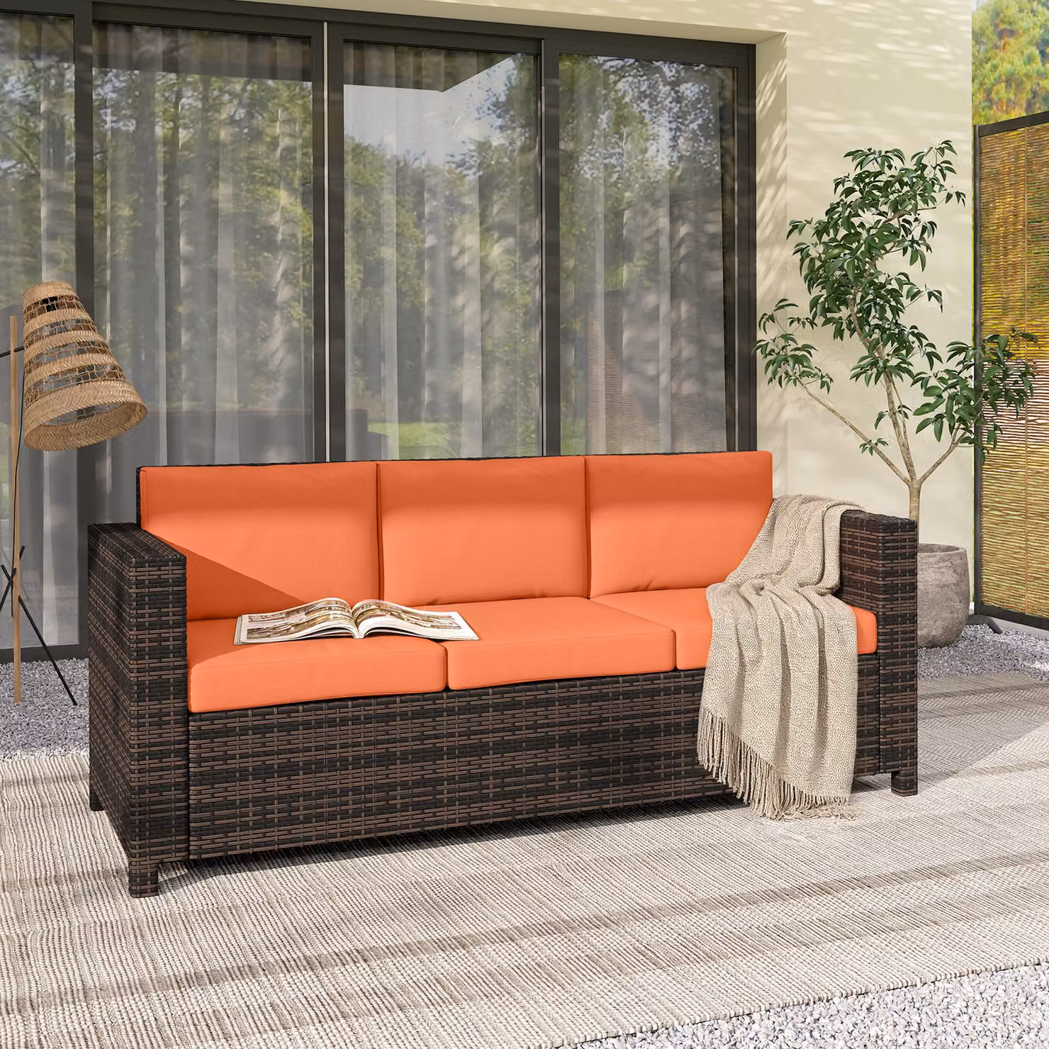 Outsunny 3 Seater Rattan Sofa with Orange Fire Resistant Cushions and Powder Coated Steel Frame – 8