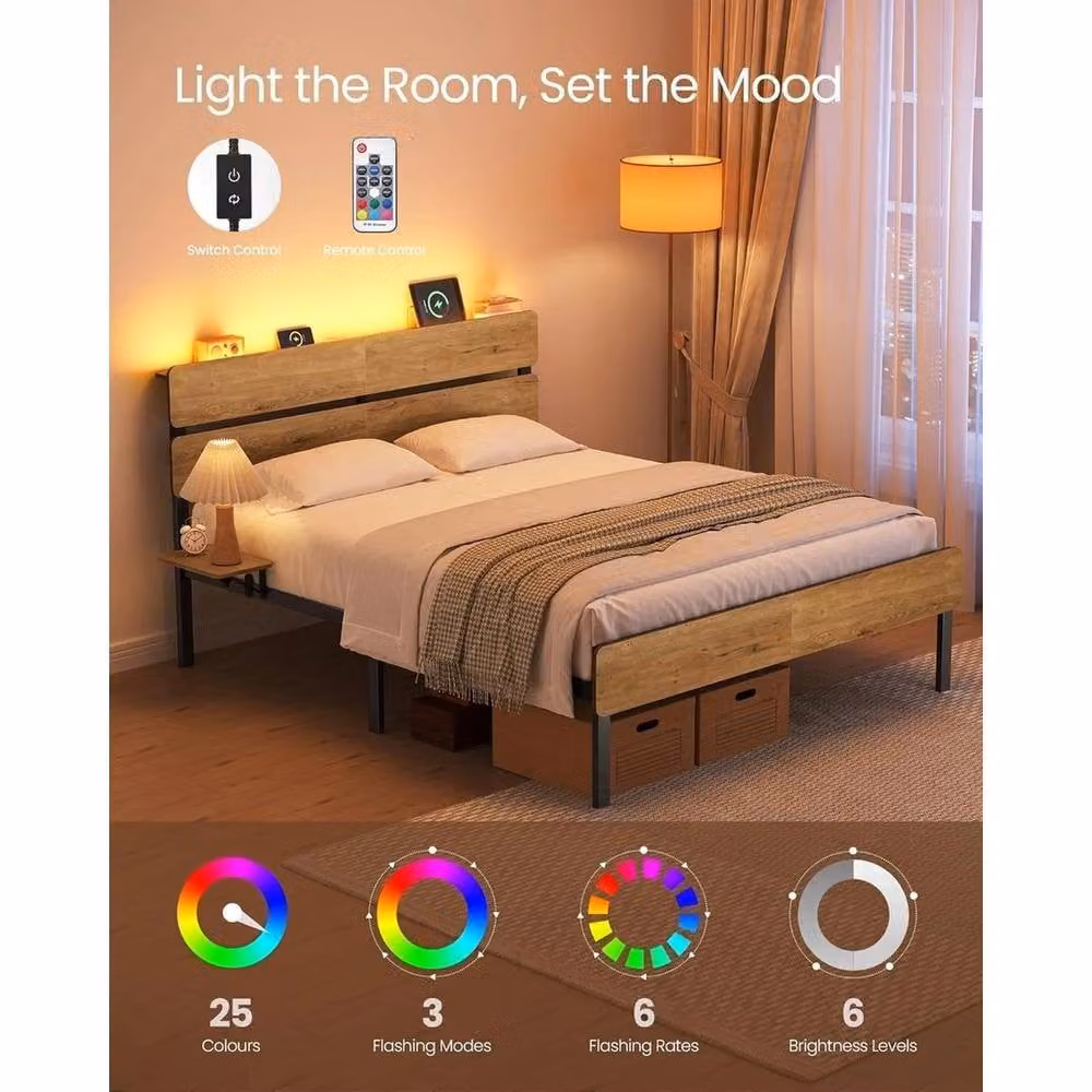 FORGEVIO Industrial Double Metal Bed Frame in Brown with USB Charging Port, Under-Bed Lighting and Bedside Shelf – 3