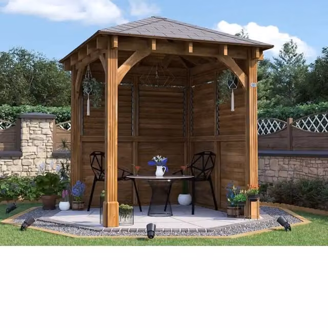 Dunster House Leviathan Wooden Gazebo Kit with Louvre Wall and Black Bitumen Roof Shingles, Brown – 1