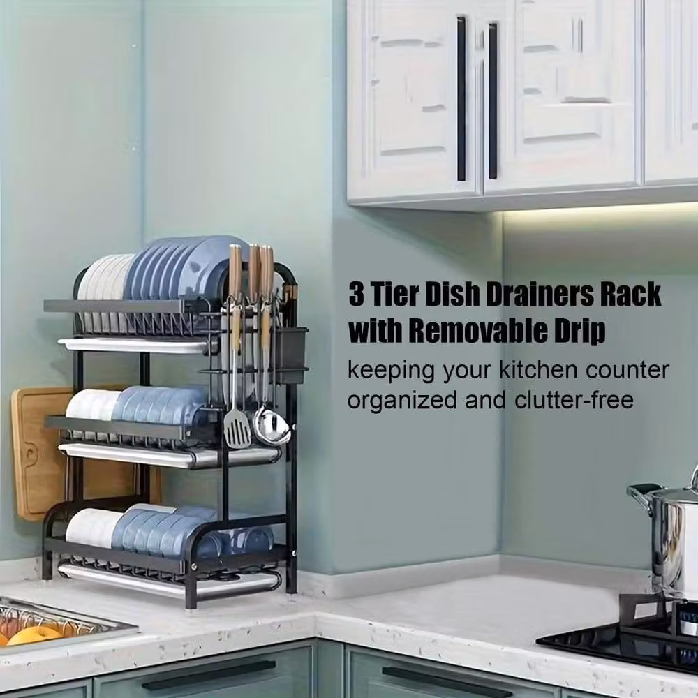 simplehuman Stainless Steel 3 Tier Dish Drainer Rack with Drip Tray and Cutlery Holder in Black or White – 3