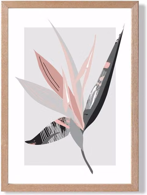 ARTZE Tropical Flower Grey and Pink Boho Botanical Framed Print with Oak Frame