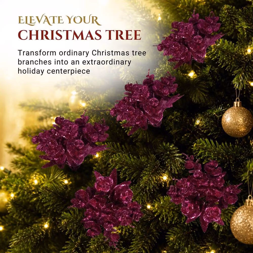 Shatchi Purple Glitter Eucalyptus and Maple Leaf Pick, 6 Pack, Height: 17 cm – 8