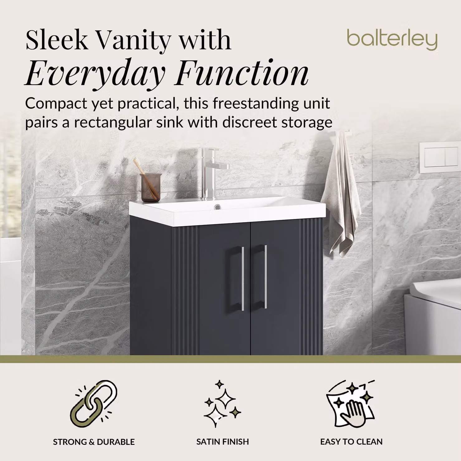 Balterley 2 Door Floor Standing Vanity Unit with Thin-Edge Basin, Satin Dark Grey, Width: 60 cm – 2