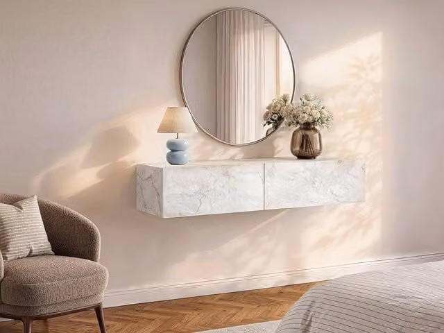 Vente-unique TENIDA Wall-Mounted Console Table with 2 Doors in White Marble Effect – 1
