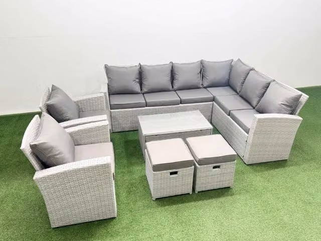 Fimous Garden 10 Seater Rattan Garden Sofa Set in Light Grey