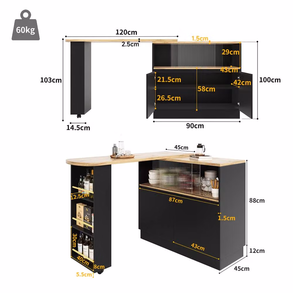 Rolipo Modern Black Dining Bar Cabinet with Glass Doors and 360 Swivelling Castors – 2