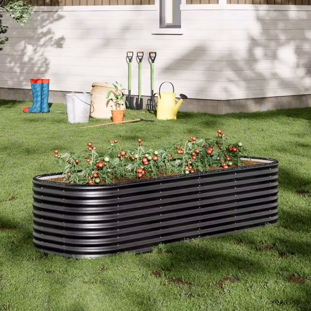 Breeins Oval-Shaped Galvanised Steel Raised Flower Bed in Anthracite, W: 240 cm, H: 56 cm, D: 56 cm