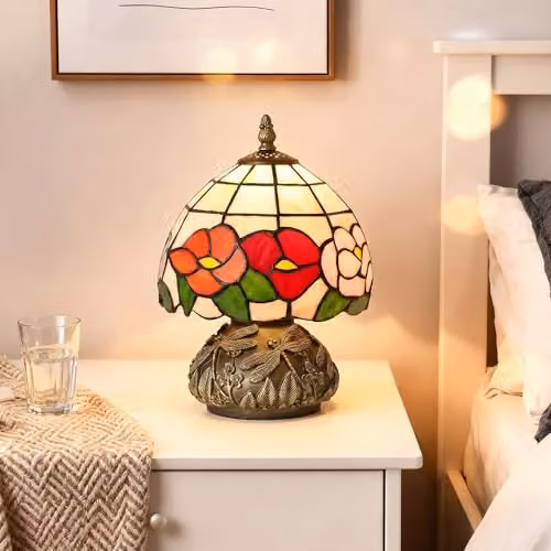 HOMCOM Tiffany-Style Table Lamp with Multi-Coloured Glass and Bronze Sculpted Base – 6