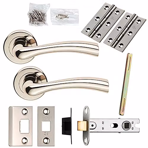 Loops Door Handle and Latch Pack in Polished Nickel with Flared Lever and Screwless Round Rose