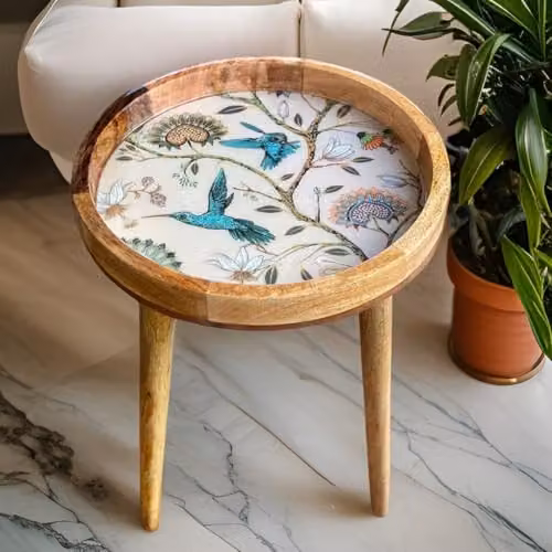 Hartsmede Mango Wood Round Side Table in Beige with Floral Design and Detachable Legs – 1