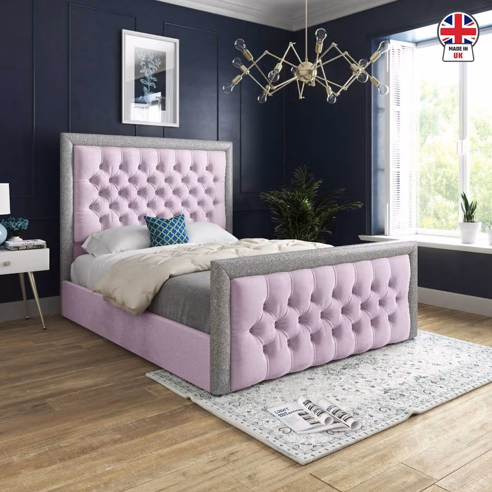 KDMD Wolston Designer Bed Frame in Pink Soft Velvet with Silver Glitter Border, Super King, H 189 cm x W 200 cm x D 137 cm – 3