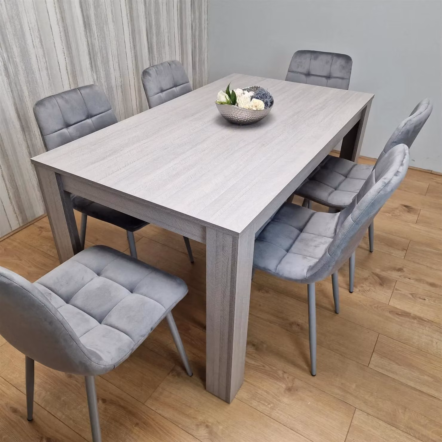 KOSY KOALA Modern Dining Set with Rectangular Brown Wood Table and 6 Grey Velvet Chairs – 2