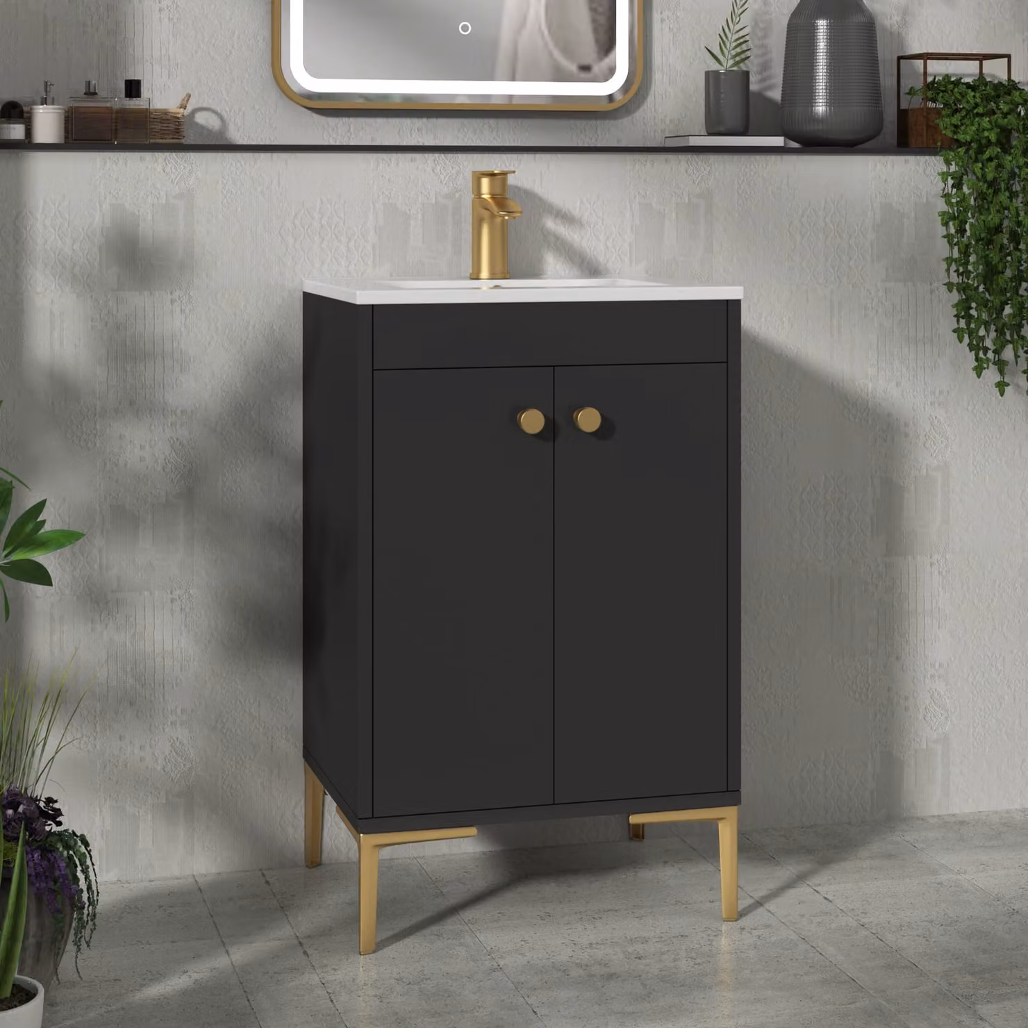 Royal Bathrooms Verona 500mm Matt Black Floor Standing 2 Door Vanity Unit with Minimalist Basin and Brushed Brass Knob