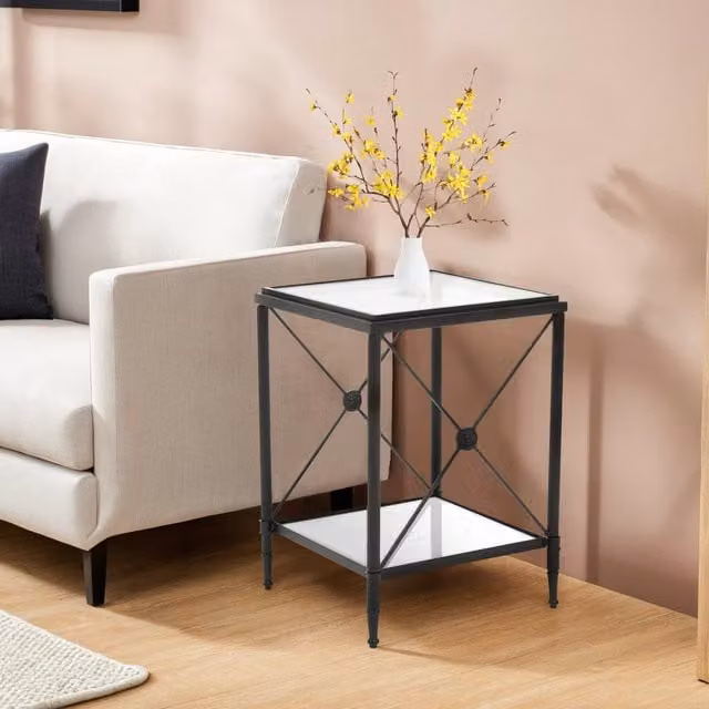 Fifty Five South Square Black Side Table with Transparent Glass Shelves and X-Frame Design W/D/H: 41 x 41 x 57 cm – 1