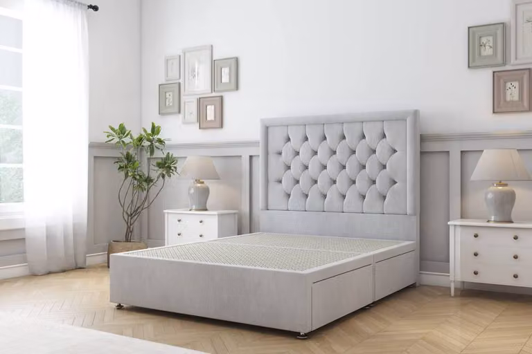 Comfort Beds Rio Naples Double Divan Base with 2 Drawers and 54 inch Chesterfield Headboard in Silver Grey Velvet Fabric, W/D/H: 140 x 200 cm