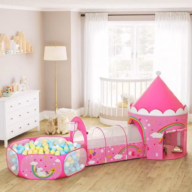 SONGMICS Pop-Up Unicorn Ball Pit Play Tent with Tunnel, Pink, W/D/H: 135 x 110 x 110 cm