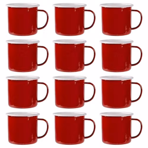 Argon Tableware Enamel Mugs, Red and White, Set of 12, 375ml