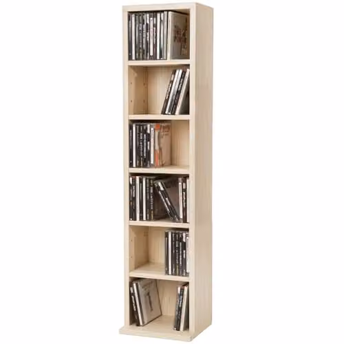 tectake CD Storage Unit in Beech Wood Look with 6 Adjustable Shelves, W/D/H: 113.0 x 26.5 x 26.5 cm