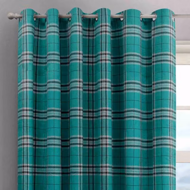 Intimates Hugo Check Blackout Eyelet Curtains in Petrol Blue, Width: 168 cm, Drop: 183 cm