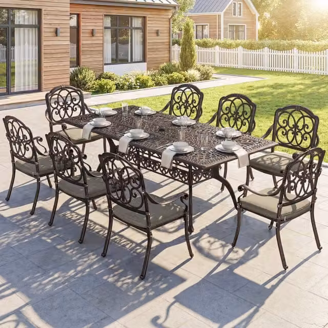 Outsunny 9 Piece Cast Aluminium Garden Dining Set with Cushions in Bronze Tone