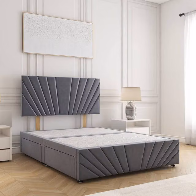BSSPOKE Rose Divan Bed in Charcoal Grey Plush Velvet with 24 inch Headboard and 2 Drawers, Size: Double (140 x 200 cm)